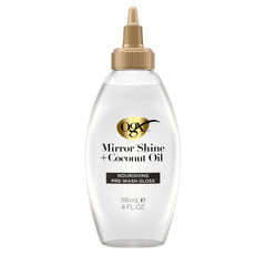 OGX bottle front view showing Mirror Shine gloss and benefit of visible shine