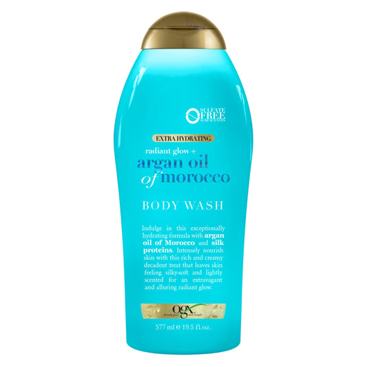 OGX front packaging showing 19.5 fl oz bottle and radiant glow benefit