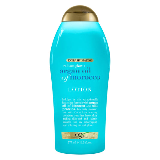 OGX front packaging shows radiant glow argan lotion, nourishing hydration benefit
