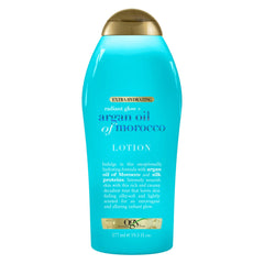 OGX front packaging shows radiant glow argan lotion, nourishing hydration benefit