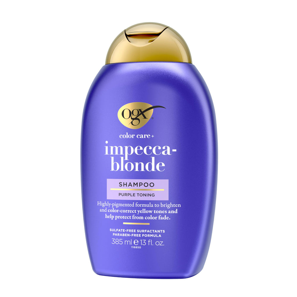 OGX shampoo lathering on blonde hair showing pigment and cleansing