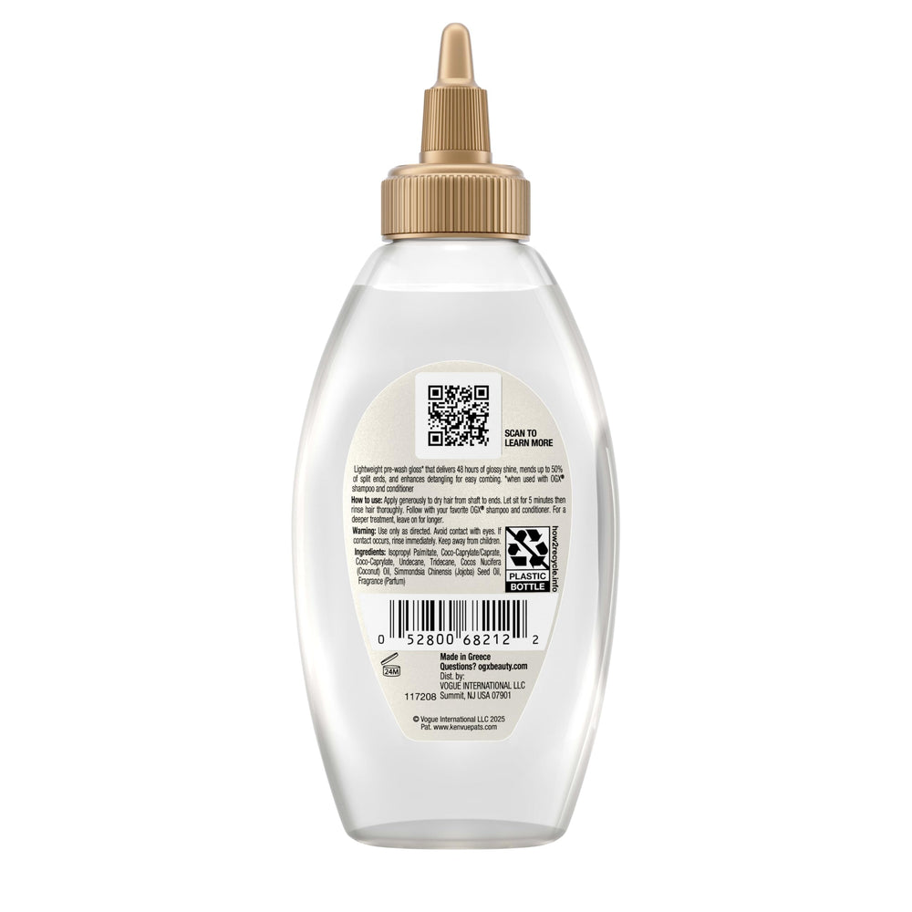 OGX bottle staged on bathroom shelf, suggesting routine-ready treatment