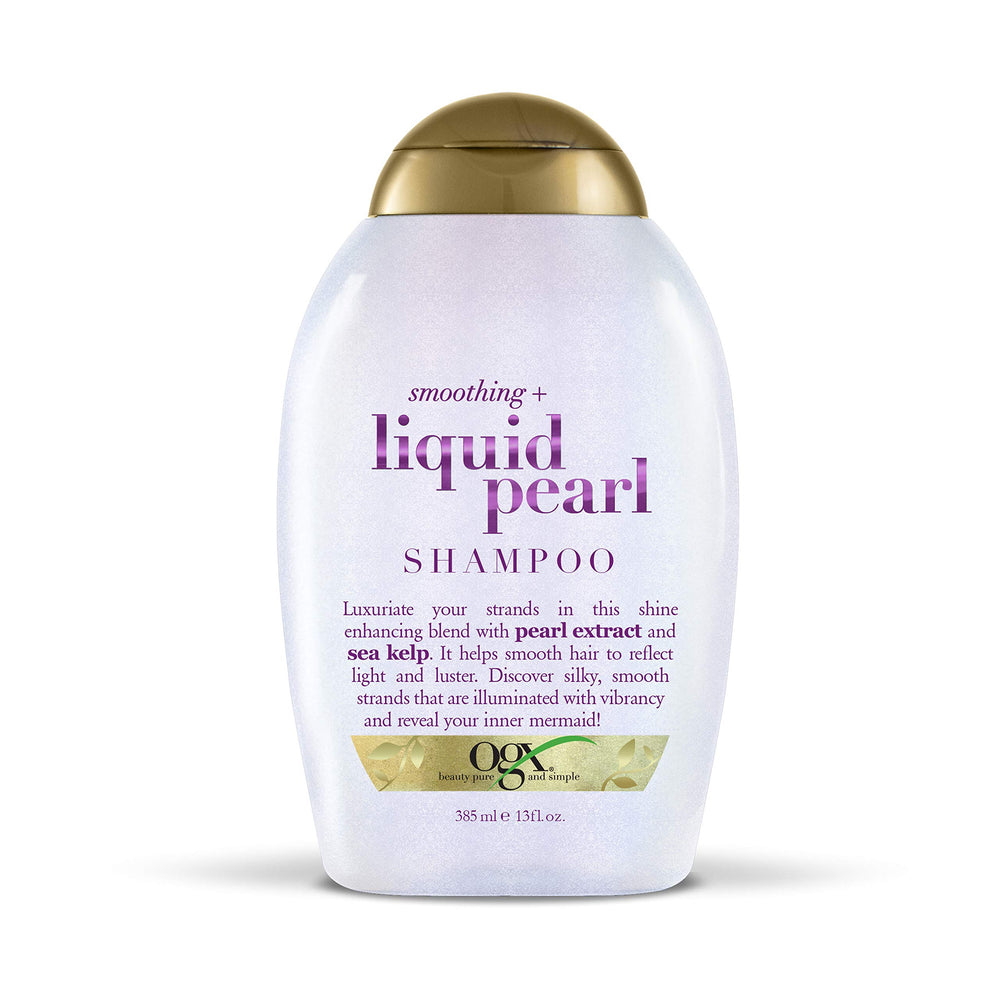 OGX front bottle showing Liquid Pearl shampoo and shiny finish benefit