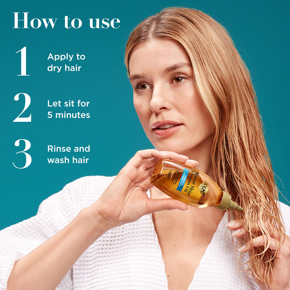 OGX on dry hair application showing easy pre-wash treatment benefit