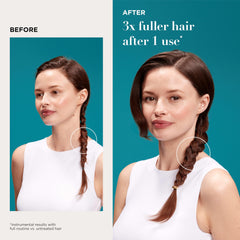 Model before and after using OGX showing fuller-looking hair at roots and ends