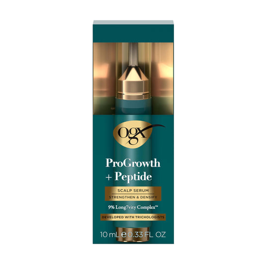 OGX ProGrowth + Peptide scalp serum front packaging showing product benefits