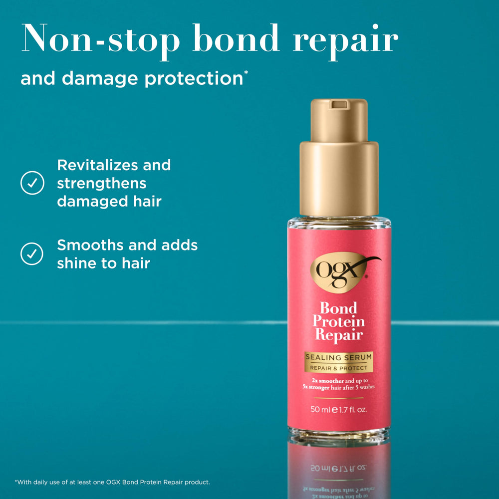 OGX texture drop on fingertip showing lightweight serum for smooth application