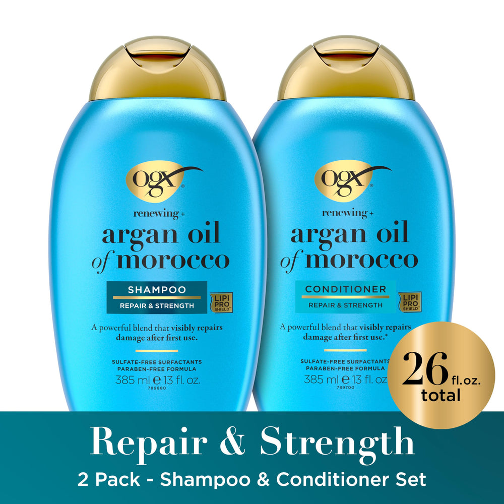 OGX shampoo bottle label close-up highlighting ingredients and benefit