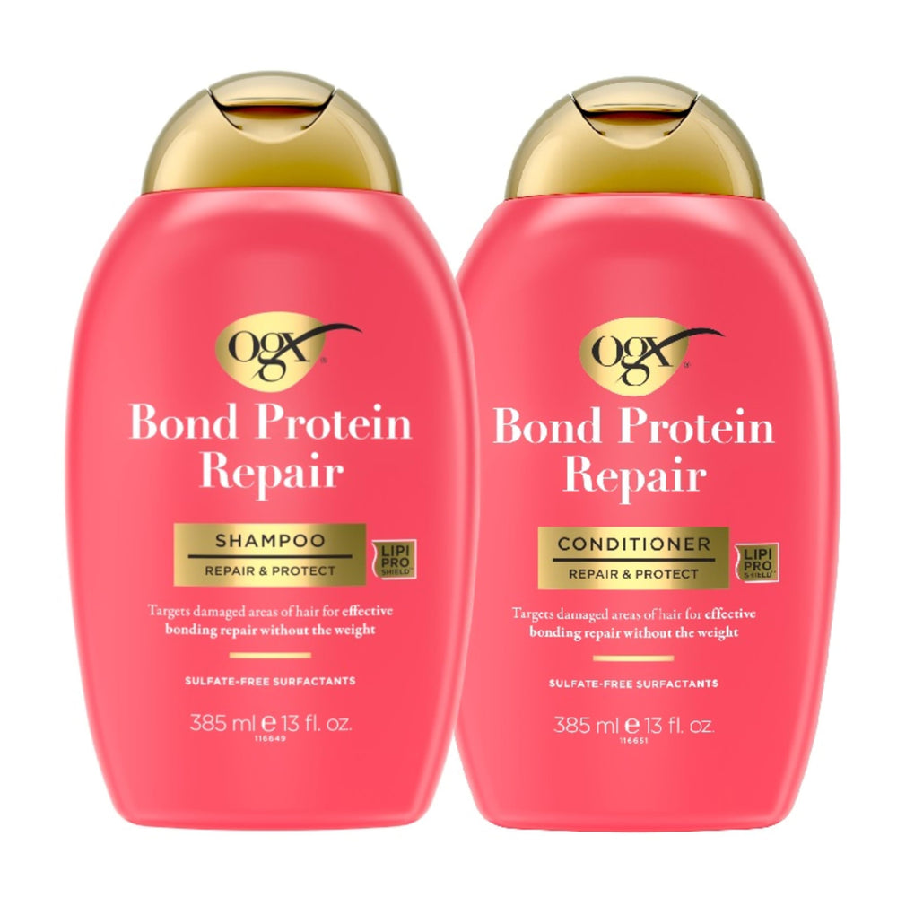 OGX shampoo label close-up highlighting bond protein repair benefits