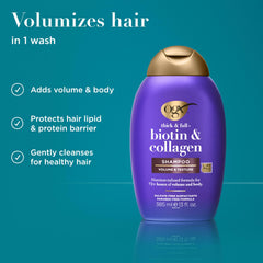 OGX shampoo texture on hand demonstrating lightweight, volumizing feel