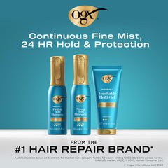 OGX gel beside hairbrush to show 6 fl oz size and scale