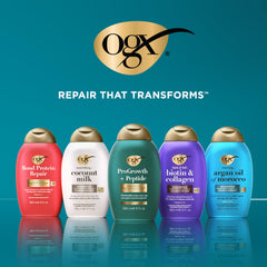 OGX bottles beside a hand for scale showing generous 13 fl oz benefit