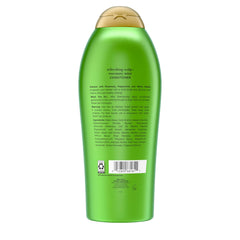 OGX after-rinse hair closeup showing shiny, soft-looking results