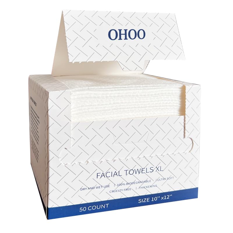 OHOO front packaging showing 50-count disposable face towels, convenient for travel