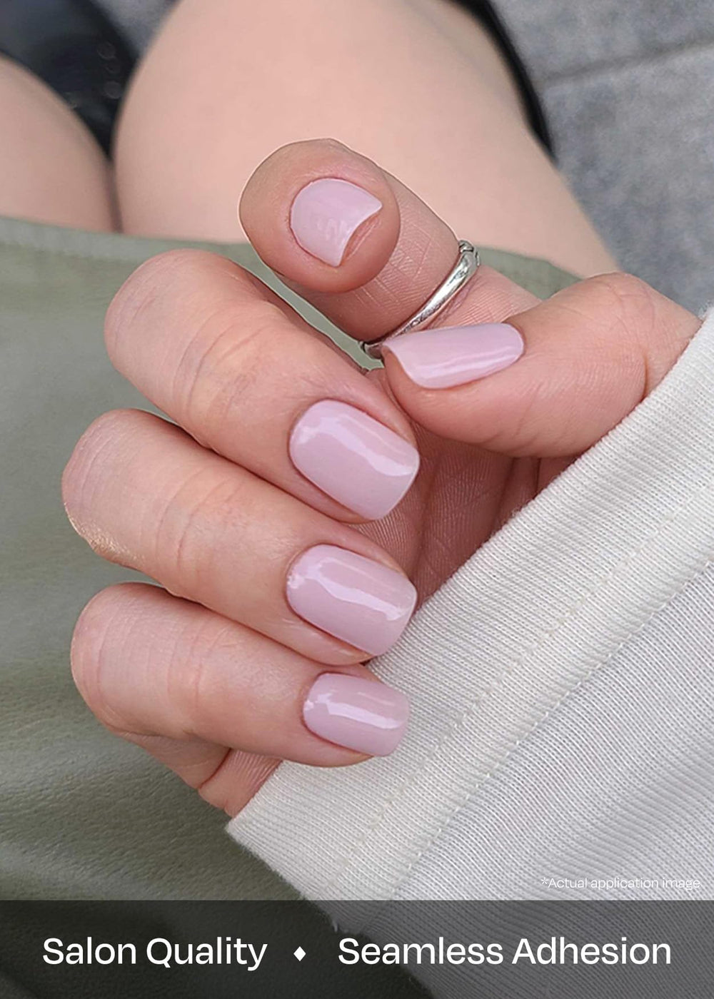 ohora applied on hands in lifestyle shot showing natural nude polish and long wear