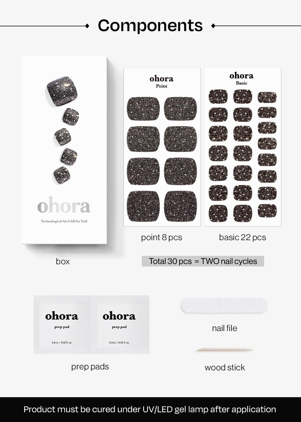 ohora included prep pads file and wooden stick arranged to show complete kit benefit