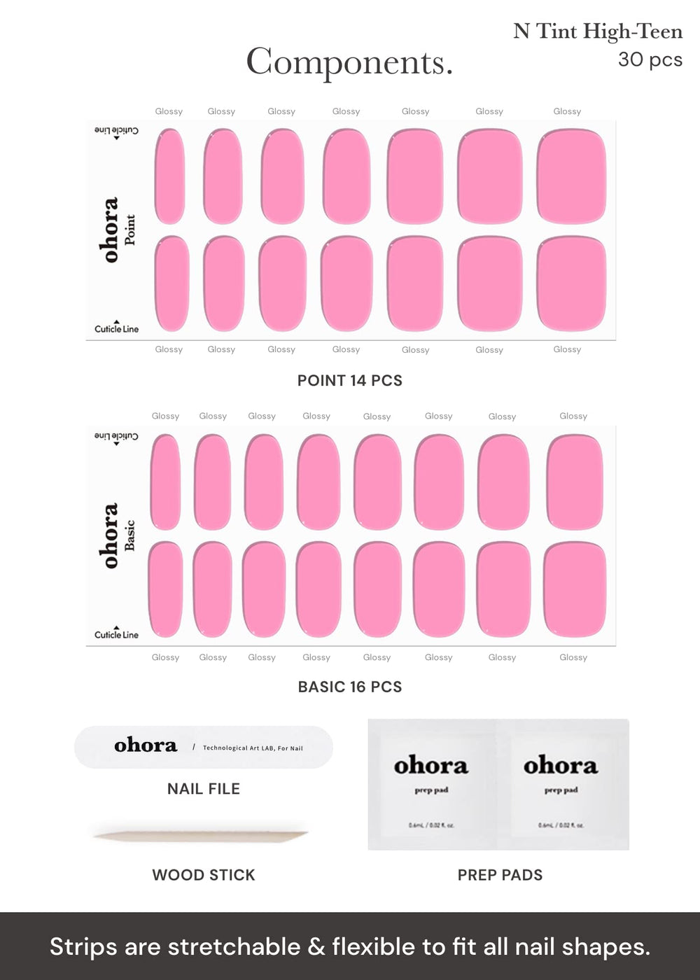 ohora spread of different strip sizes highlighting 15-size fit range for varied nail shapes benefit
