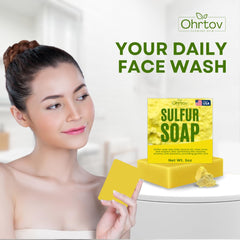 Ohrtov sulfur soap on bathroom counter for streamlined skincare routine
