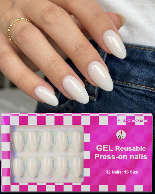 OIFEN milky white front packaging showing glossy short almond nails and included tools for easy use