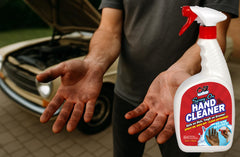 Oil Eater next to a shop towel showing portable 32oz size and convenience