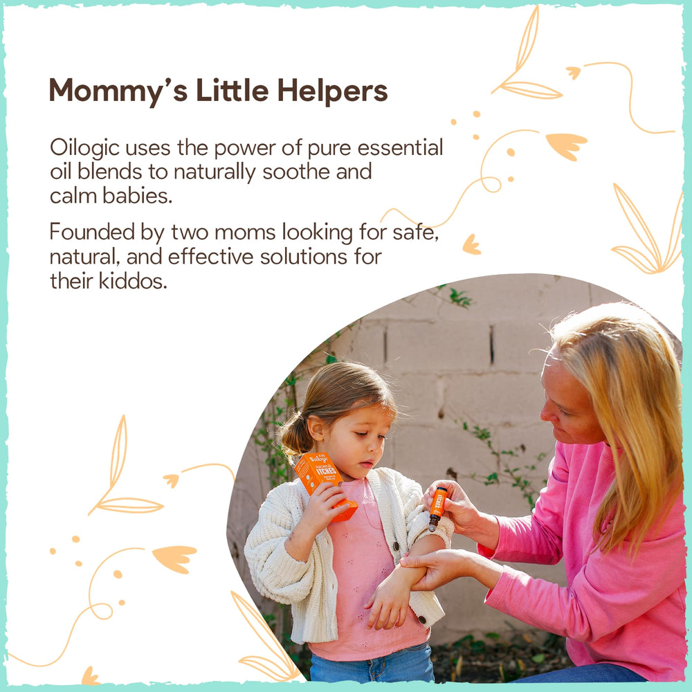 Oilogic roll-on in a child's backpack outdoors suggesting family-friendly relief after bites