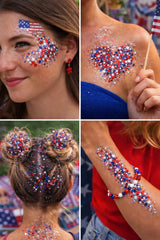 Oiomniv swept on collarbones and shoulders adding glowing patriotic highlight