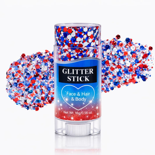 Oiomniv glitter stick front packaging showing patriotic red white blue sparkle benefit