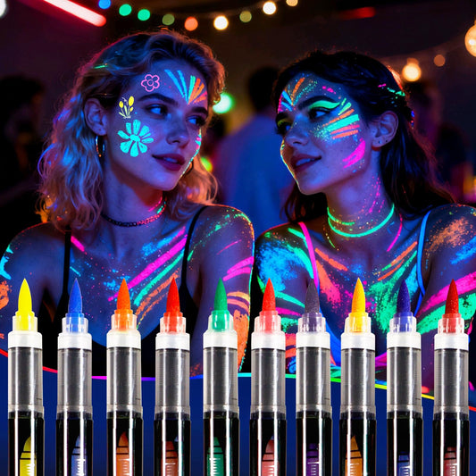 Oiomniv front packaging showing 10 neon face paint markers and benefits