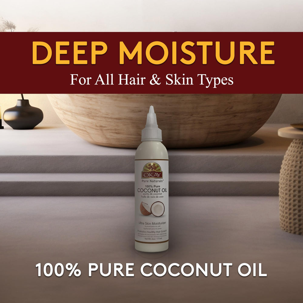 OKAY coconut oil pouring texture highlighting smooth moisturizing properties