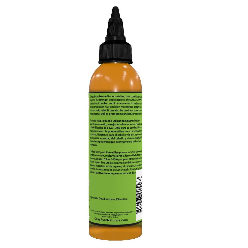 OKAY label closeup highlighting cold‑pressed and pure olive oil benefits and clarity