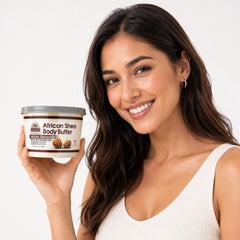 OKAY hand scooping shea butter showing easy application and concentrated nourishment