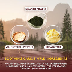 OKAY spa setting with feet and scrub showing at-home pampering and renewed softness