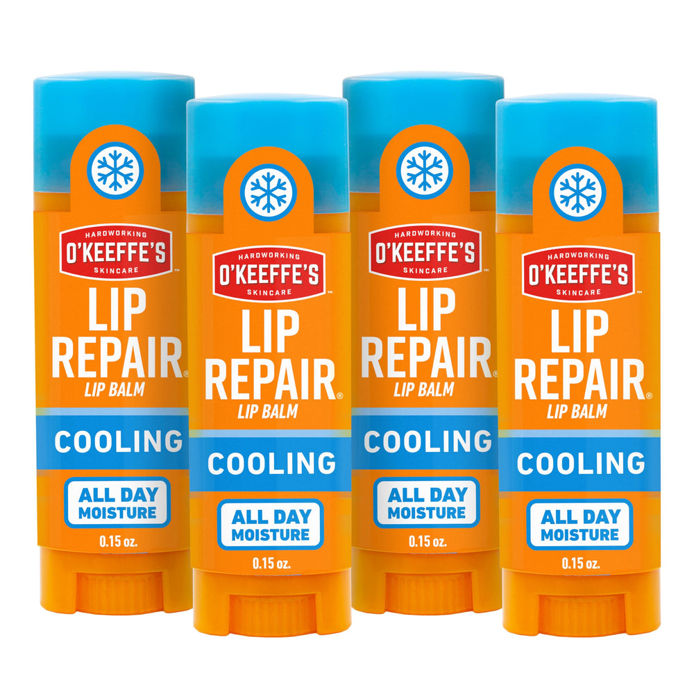 O'Keeffe's front packaging showing four cooling relief sticks for on-the-go moisture