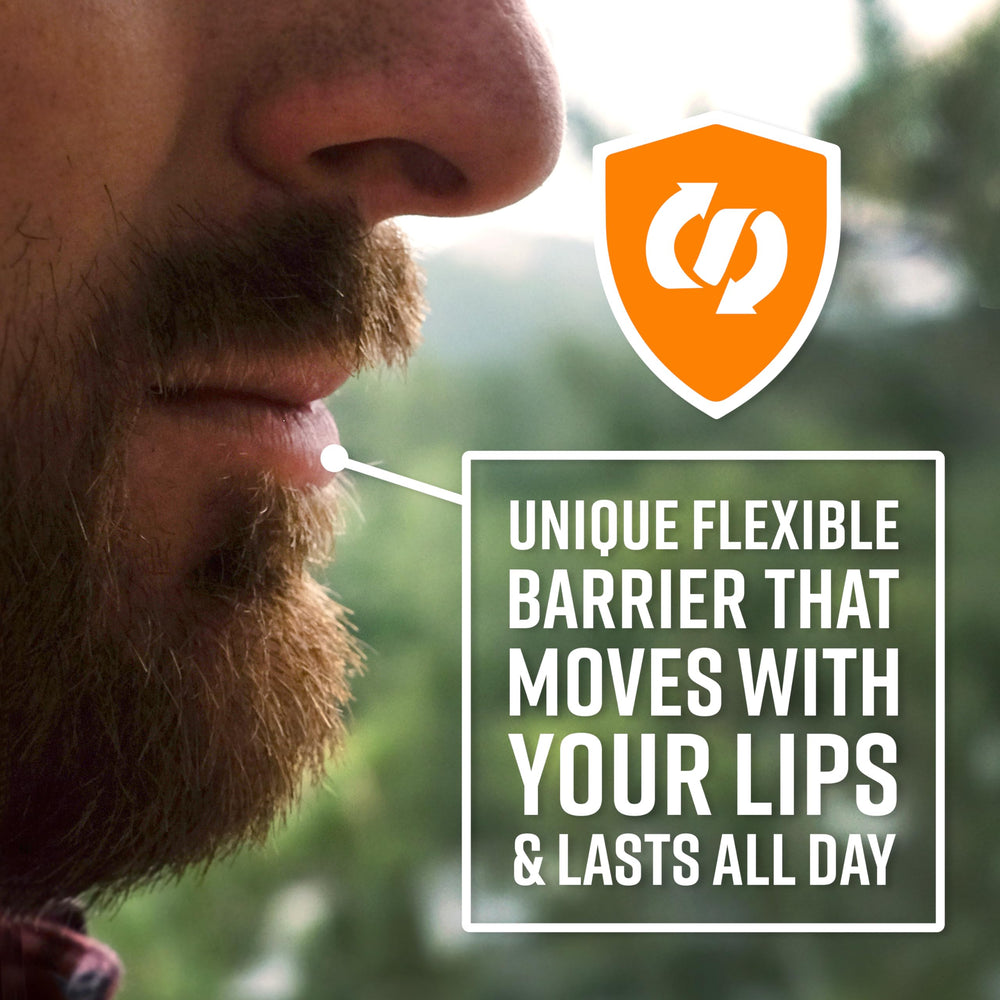 O'Keeffe's balm being applied to lips showing instant relief and comfort benefit