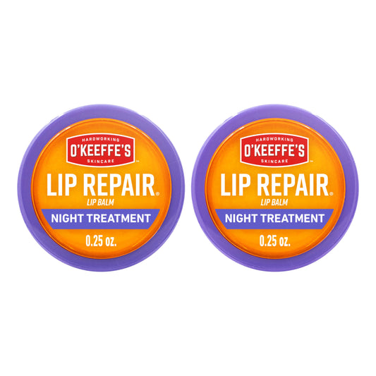 O'Keeffe's front jar showing compact overnight balm for intense lip repair