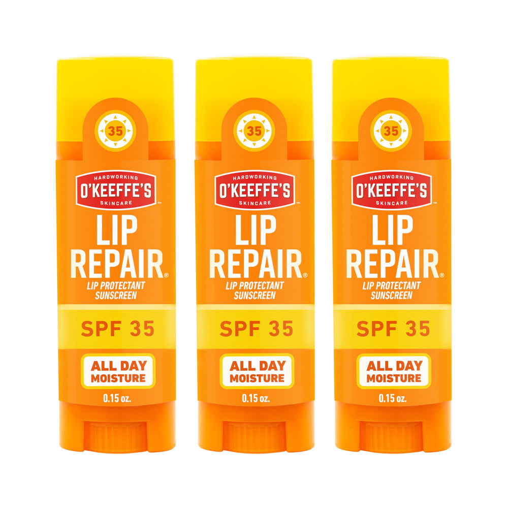 O'Keeffe's three-pack front packaging showing product benefits and size