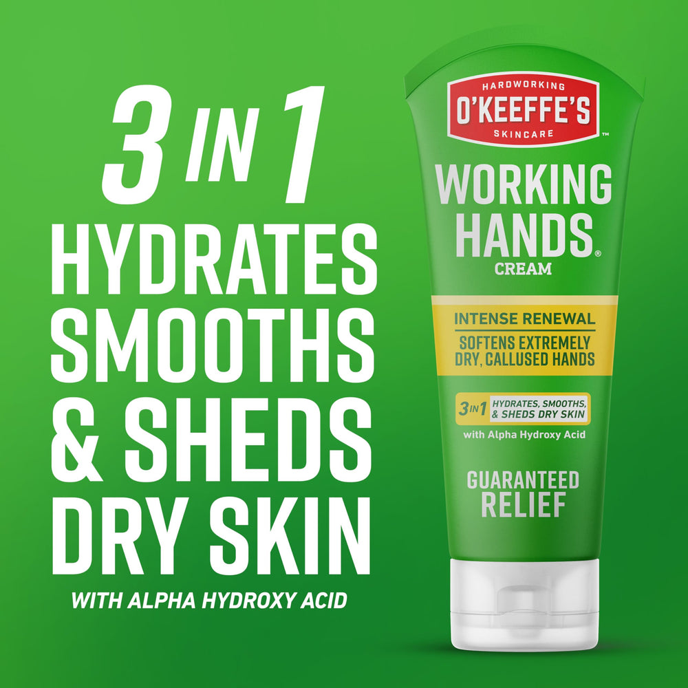 O'Keeffe's before and after hands photo illustrating softened, less callused skin benefit