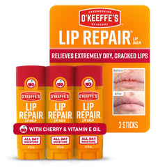 O'Keeffe's stick front view showing cherry balm and protective cap benefit