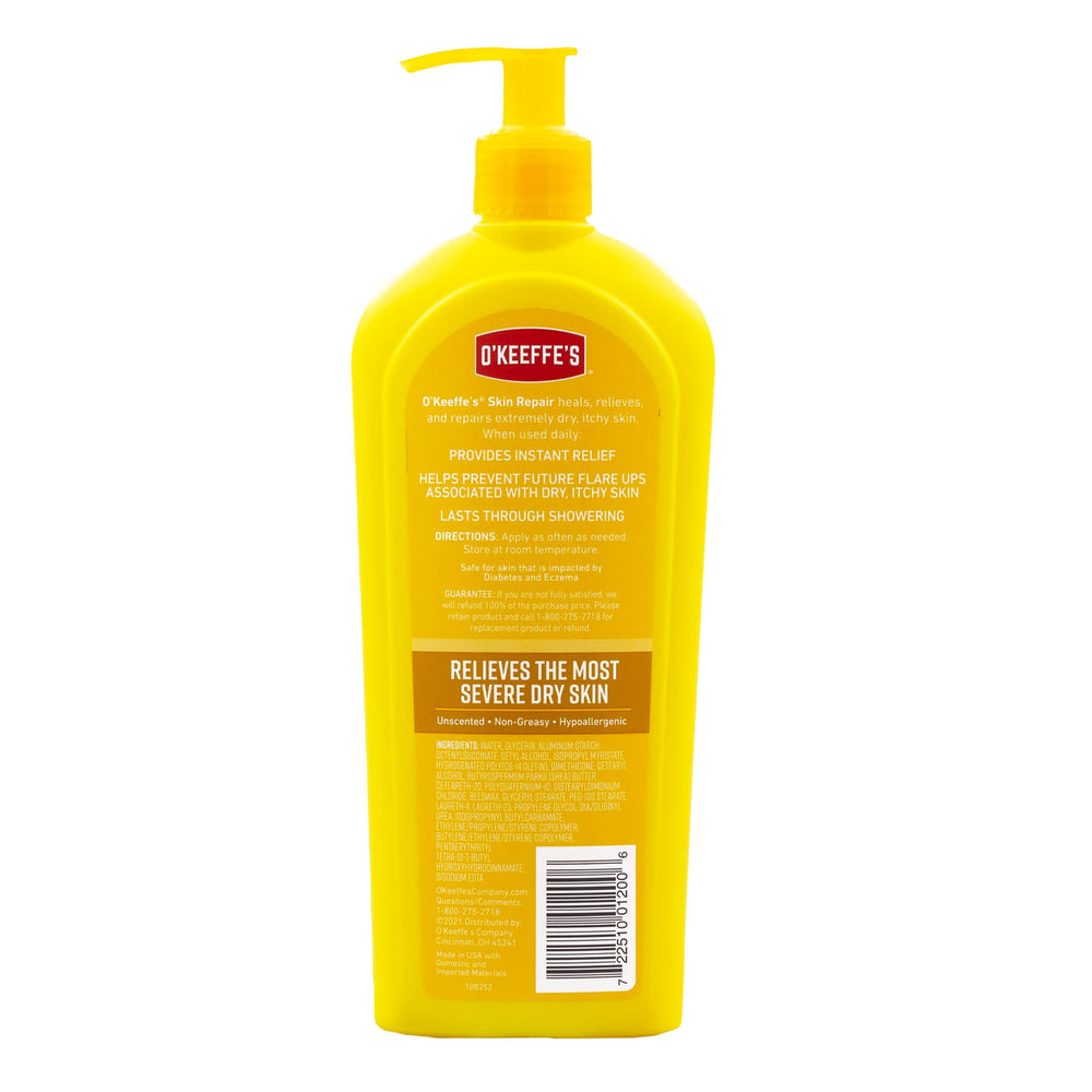 Pump dispensing O'Keeffe's lotion onto hand showing controlled dispense benefit: easy application