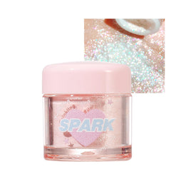 Okerker jar front view showing white glitter powder and crystal shine benefit