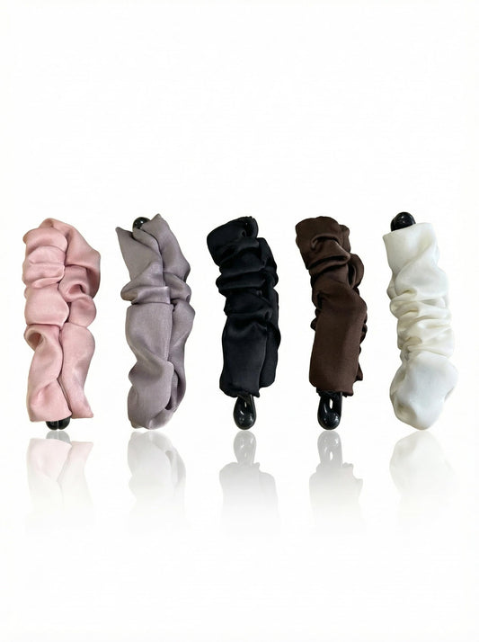 OKKRMGZ front view of five satin banana clips, neat organization and style