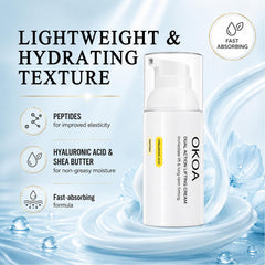 Hand applying OKOA Cream to cheek demonstrating easy spread and instant smoothing benefit