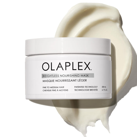 Olaplex jar front view showing product and brand, highlights weightless volume benefit