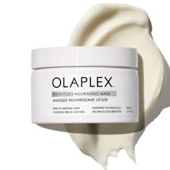 Olaplex jar front view showing product and brand, highlights weightless volume benefit