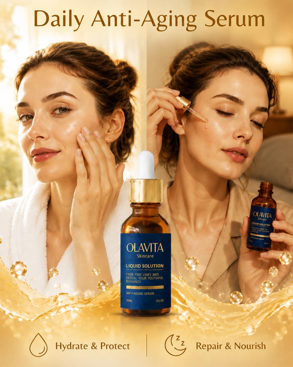 Olavita Skincare bottle in palm illustrating compact size and convenience