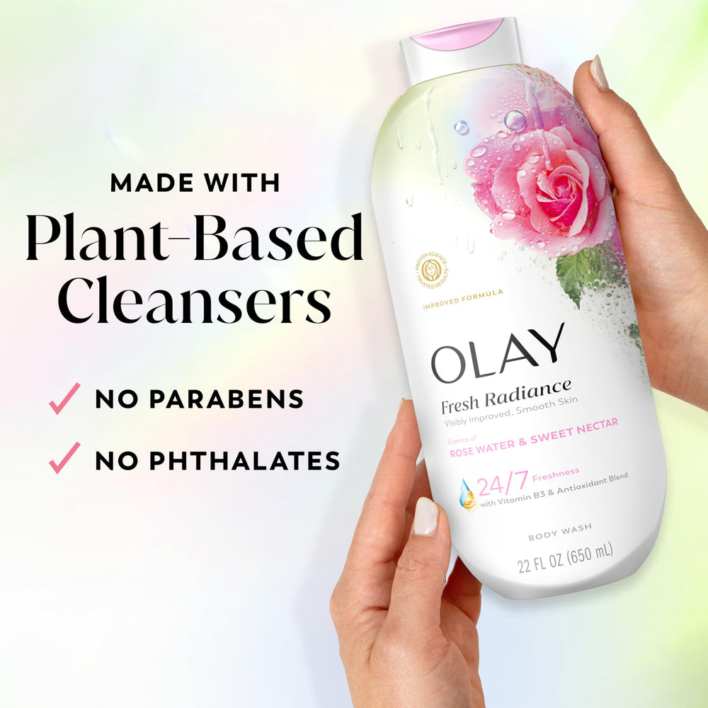 Olay 22 fl oz bottle beside common objects to show scale