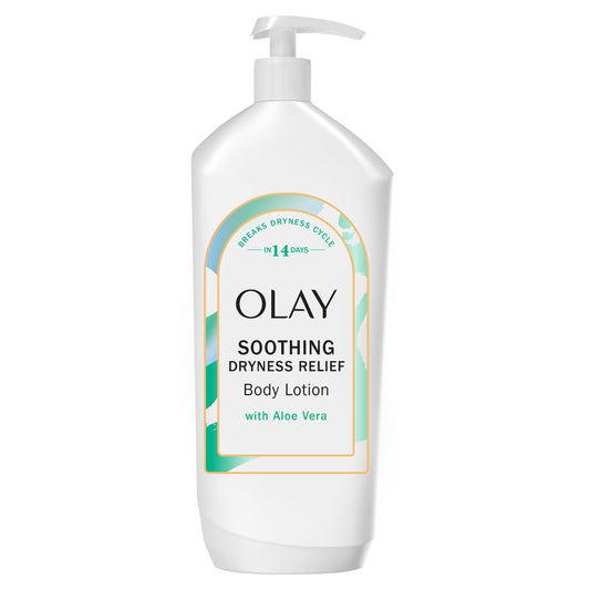 Olay front bottle displaying aloe scent and 18 fl oz for everyday hydration