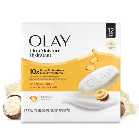 Olay beauty bar front packaging shows pack of twelve for reliable supply