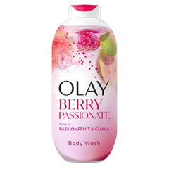Olay bottle front view showing label and scent, evokes fresh tropical benefit