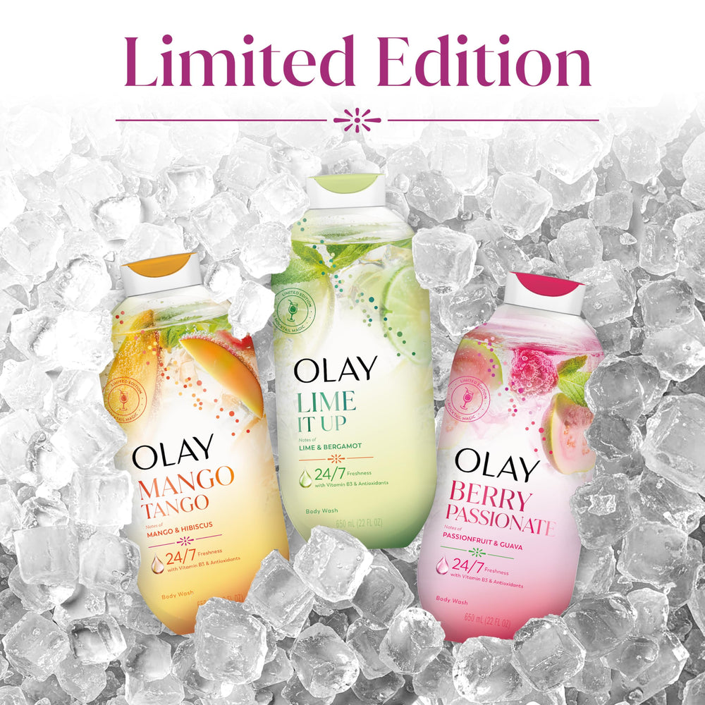 Olay body wash beside Olay lotion showing regimen pairing and hydration benefit